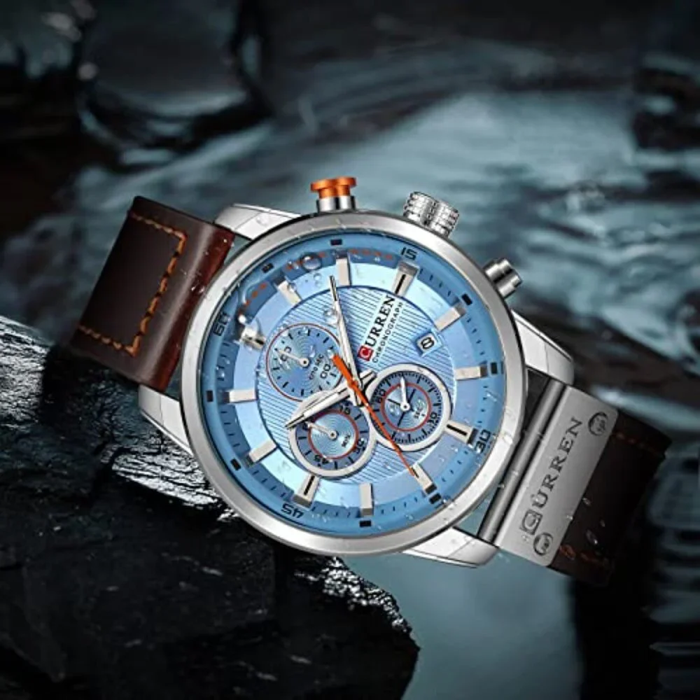 Men's Chronograph Watch Leather Strap Quartz Movement Water Resistant